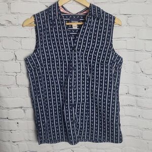 Basic Editions Navy Blue Anchor Button Down Sleeveless Top